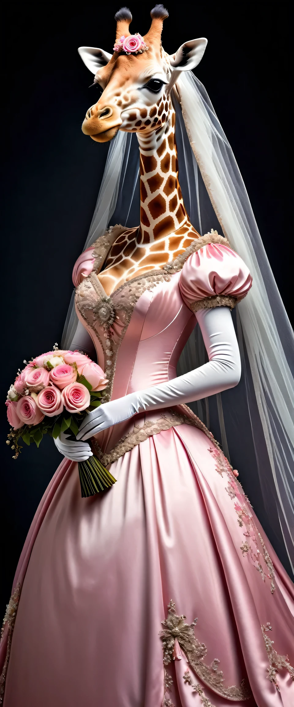 photorealistic portrait of Dressed animals - a ((fat)) giraffe bride,(elegant pose),(closed mouth),(furry), high quality,(lovely) ,intricate details, highly detailed (gothic pink wedding dress)),wearing opera globes ,wearing highly detailed veil, highly detailed decorations ,holding flower bouquet, (happy), studio lighting,(full body image:2.0)