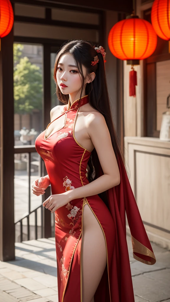 8k, Best Quality Masterpiece, Women, Man, (Soft Shape), Perfect Face, Hanfu Dress, Sensual, Fascinating, Chinese Dress Fine Fabric, Tower, Red Lantern Tower,