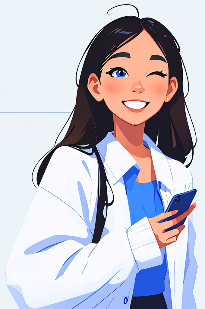 closeup, samdoesarts style beautiful woman, white background ,sam yang style,Long hair loose, looking straight at the camera, smiling, there is a woman standing using her cell phone,, high detailed, 8k, Bright,all eyes closed, happy face, upper body