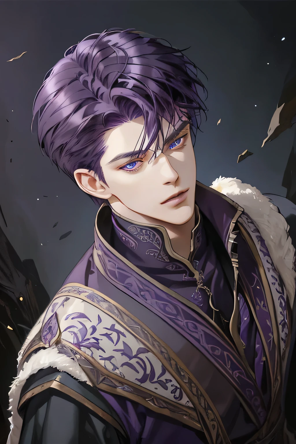 (Best quality),adult,1 man, male, mature, very tall, elegant, (((very short dark purple hair))), blue eyes, dark purple hair, medieval fantasy style clothing, richly textured background, soft lighting, portrait style, painting style, deep colors