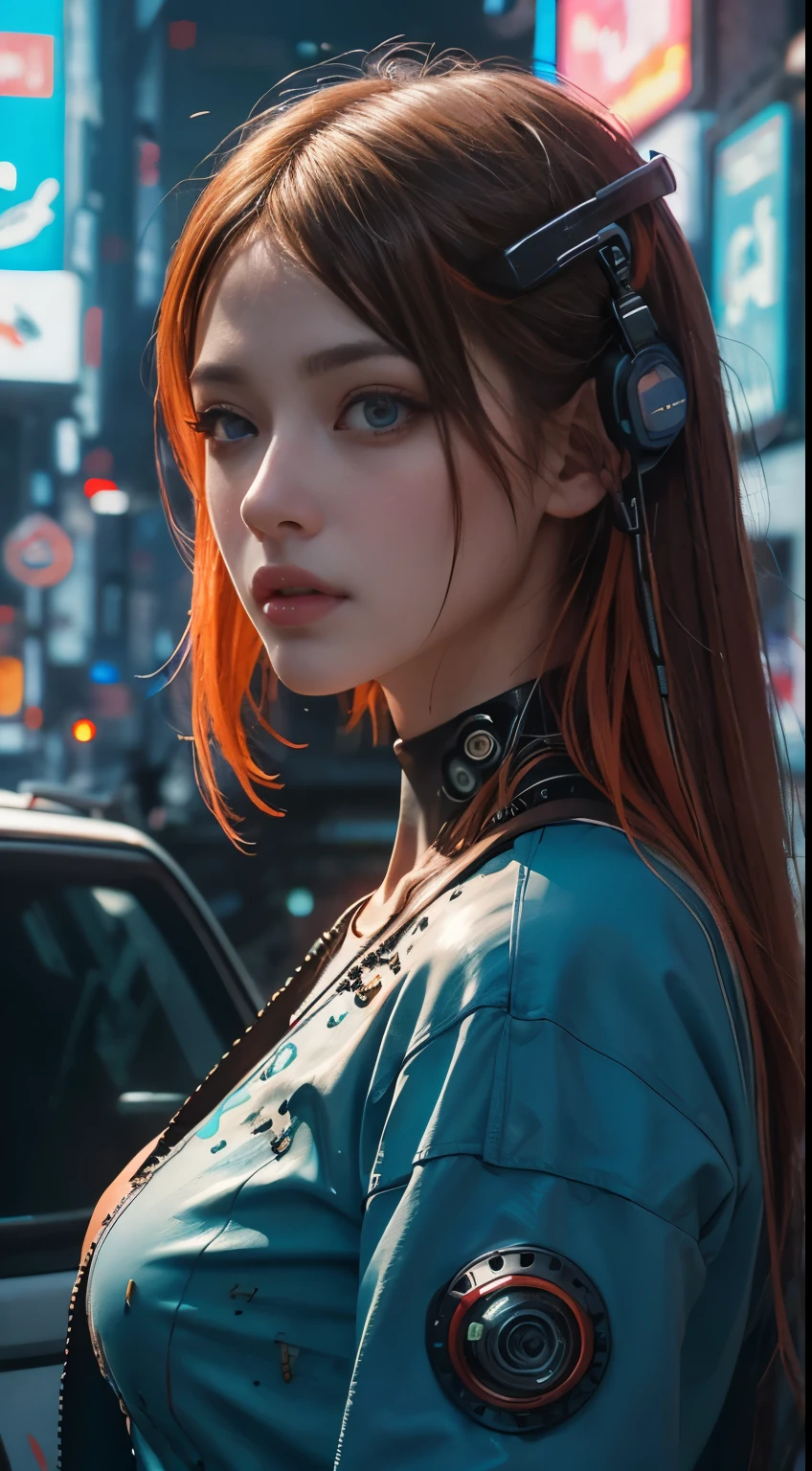 (Best Quality,4K,8K,hight resolution,masutepiece:1.2), Ultra-detailed, (Realistic,Photorealistic,Photorealsitic:1.37), (Beautiful detailed eyes, Beautiful detailed lips, extremely detailed eye and face, long eyelashes),Blue eyes、orange color hair、 Studio Lighting,Physically-based rendering,Vivid colors, (Cyberpunk:1.5),　The upper part of the body