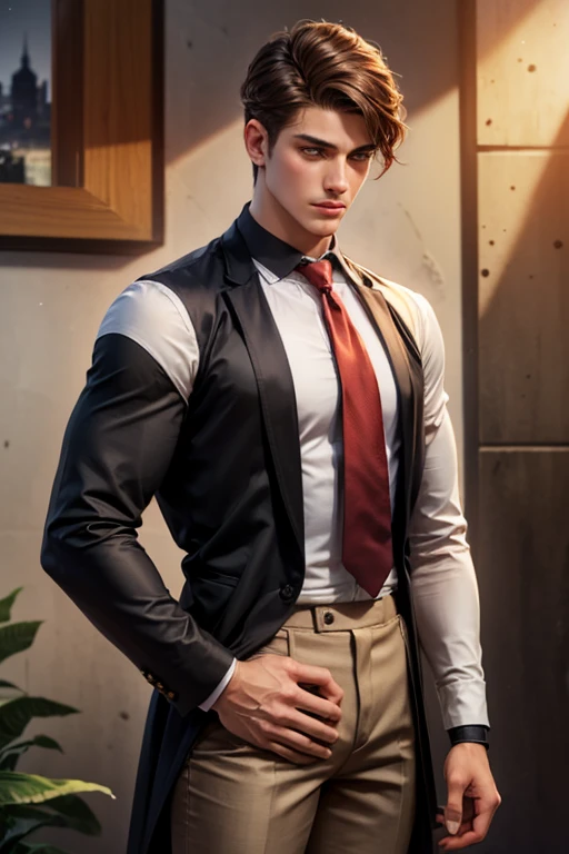 Hombre joven, alto, cabello rojo caoba, viste traje negro, camisa blanca, tono de piel bronceada