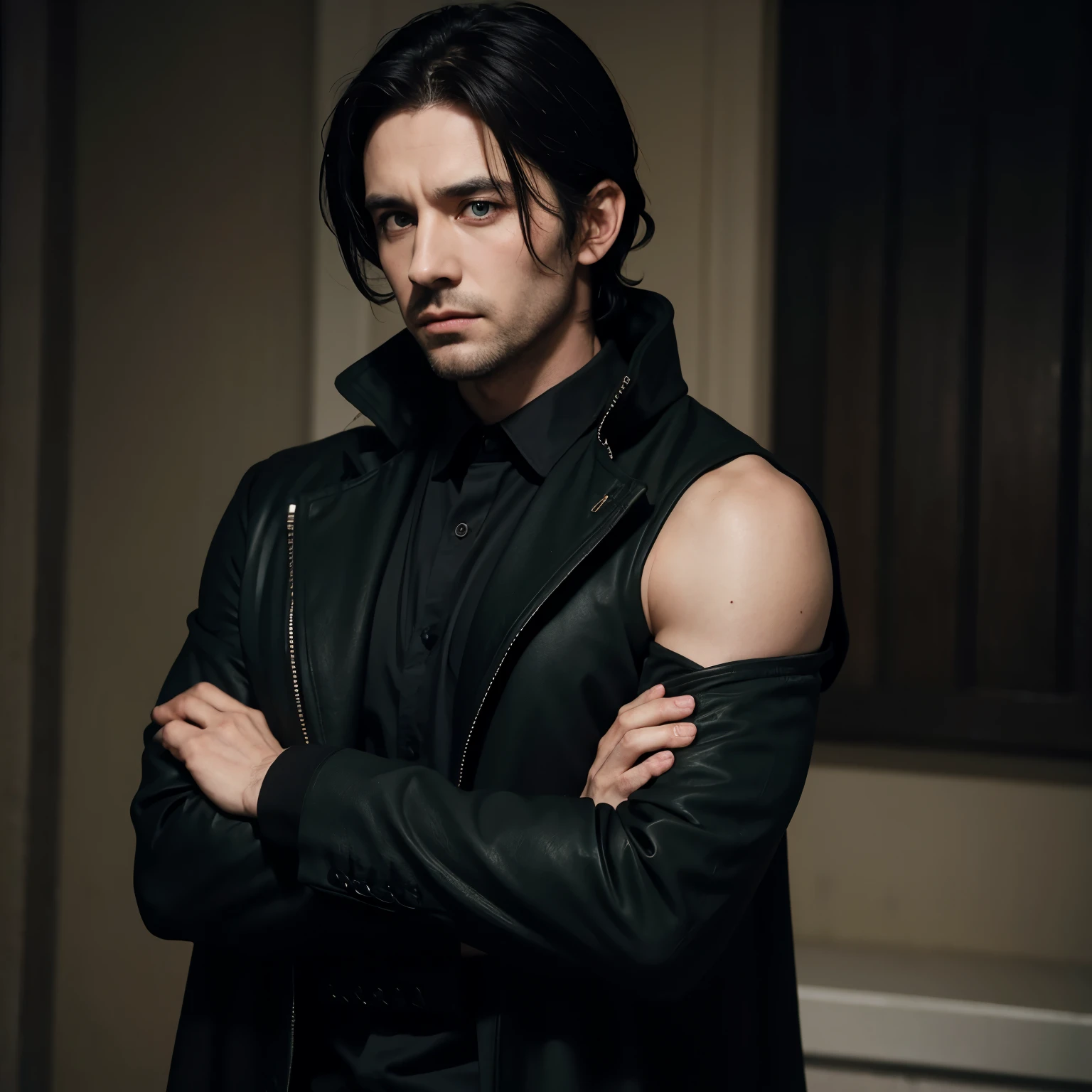 Male, Irish, 37 years old, dark hair, green eyes, serious, well shaped body, black coat, dark shirt, daring expression, cool hairstyle, crossings his arms