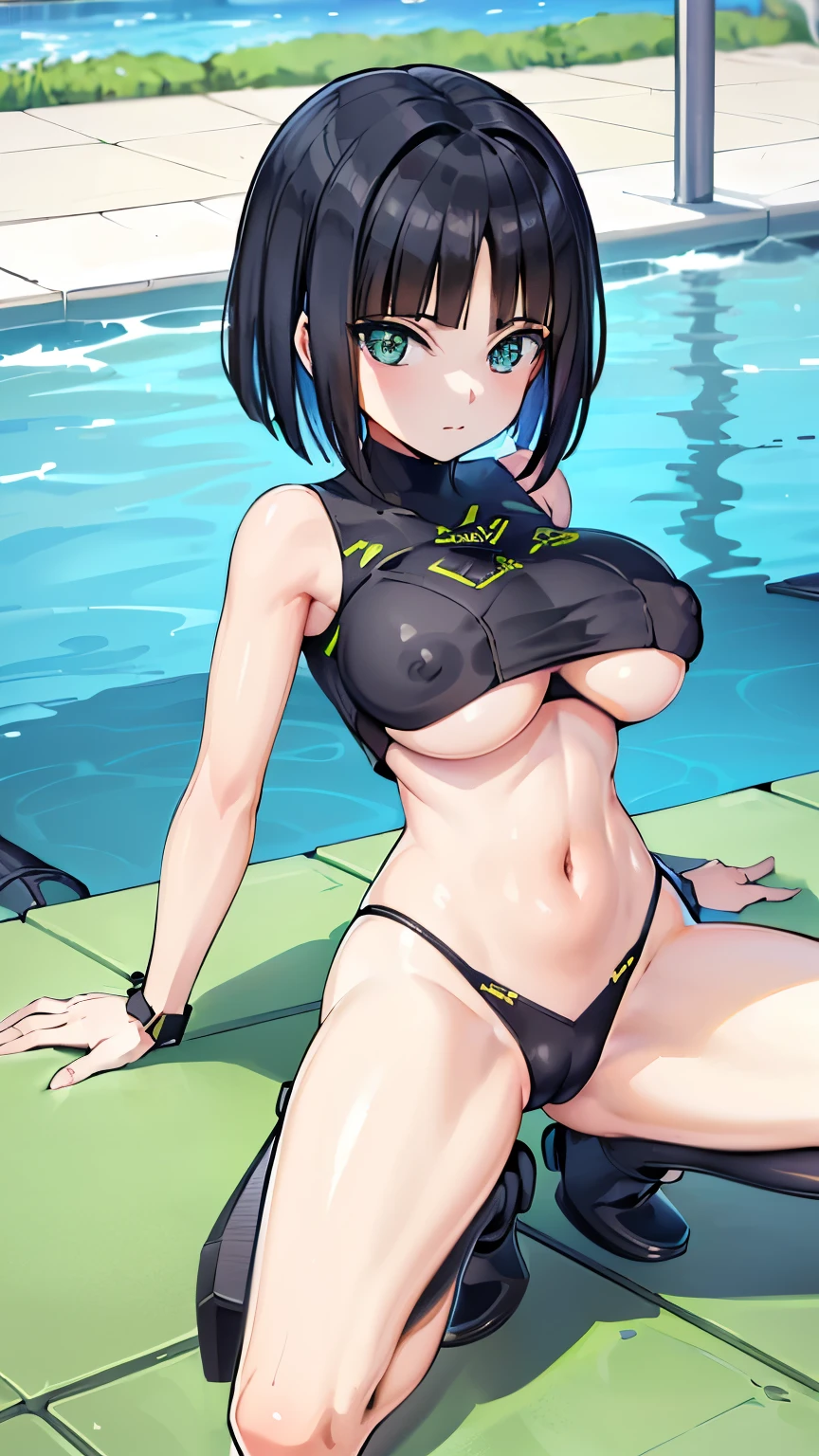 (High reality photograph, high resolusion, detailed face, detailed eyes), 1girl, (gaunt, short stature:1.5), 20 years old, (ssrsuit:1.5), cute face, , (cameltoe:1.3), (narrow waist:1.4), (thin legs:1.4), (big breasts:1.5), (Showcasing all cleavage, underboob:1.7), (emerald eyes:1.1), (cute eyes:1.4), (pale skin:1.4), (shiny skin:1.4), (armpit:1.3), (open legs:1.4), (full body:1.1), poolside, (erect nipples:1.3)