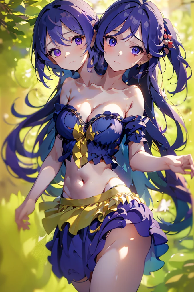 (masterpiece, best quality),best quality, (ultra-detailed), (3heads:1.5), 1girl, (shion yorigami:1.3), masterpiece, (high quality), (high resolution), (best quality:1.5, highres, UHD), highres, absurdo, ultra detail, ultra quality, ultra resolution, gray top, crop top, ((stomach)), midriff, ((groin)), blue semi-transparent skirt, normal ears, shackles, purple hair, very long hair, wavy hair, sidelocks, blue eyes, very detailed eyes, parted lips, blue ghost-like tail, sweat, cute, toned belly, hand on own chest, eyelashes, (24 year old woman:1.3), (masterpiece:1.5), (best quality:1.5), (beautiful detailed), extremely detailed CG, extremely delicate and beautiful, depth of field, (finely detailed face), (perfect details:1.2), (mature female:1.3), wide pelvis, slender, large veiny breast, 16k resolution, highres very high quality, very high definition, extremely detailed, masterpiece, purple hair, long hair, alluring presence, braid, short skirt, close up, big tits, young,