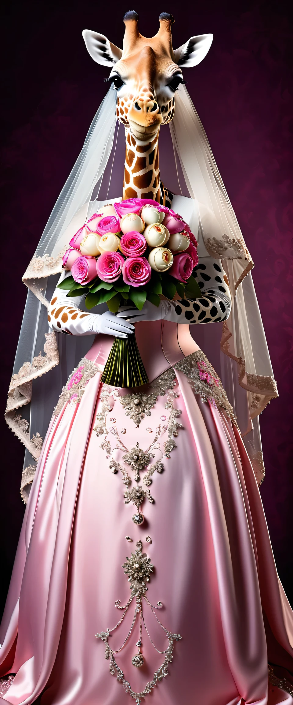 photorealistic portrait of Dressed animals - a ((fat)) giraffe bride,(elegant pose),(closed mouth),(furry), high quality,(lovely) ,intricate details, highly detailed (gothic pink wedding dress)),wearing opera globes ,wearing highly detailed veil, highly detailed decorations ,holding flower bouquet, (happy), studio lighting,(full body image:2.0)