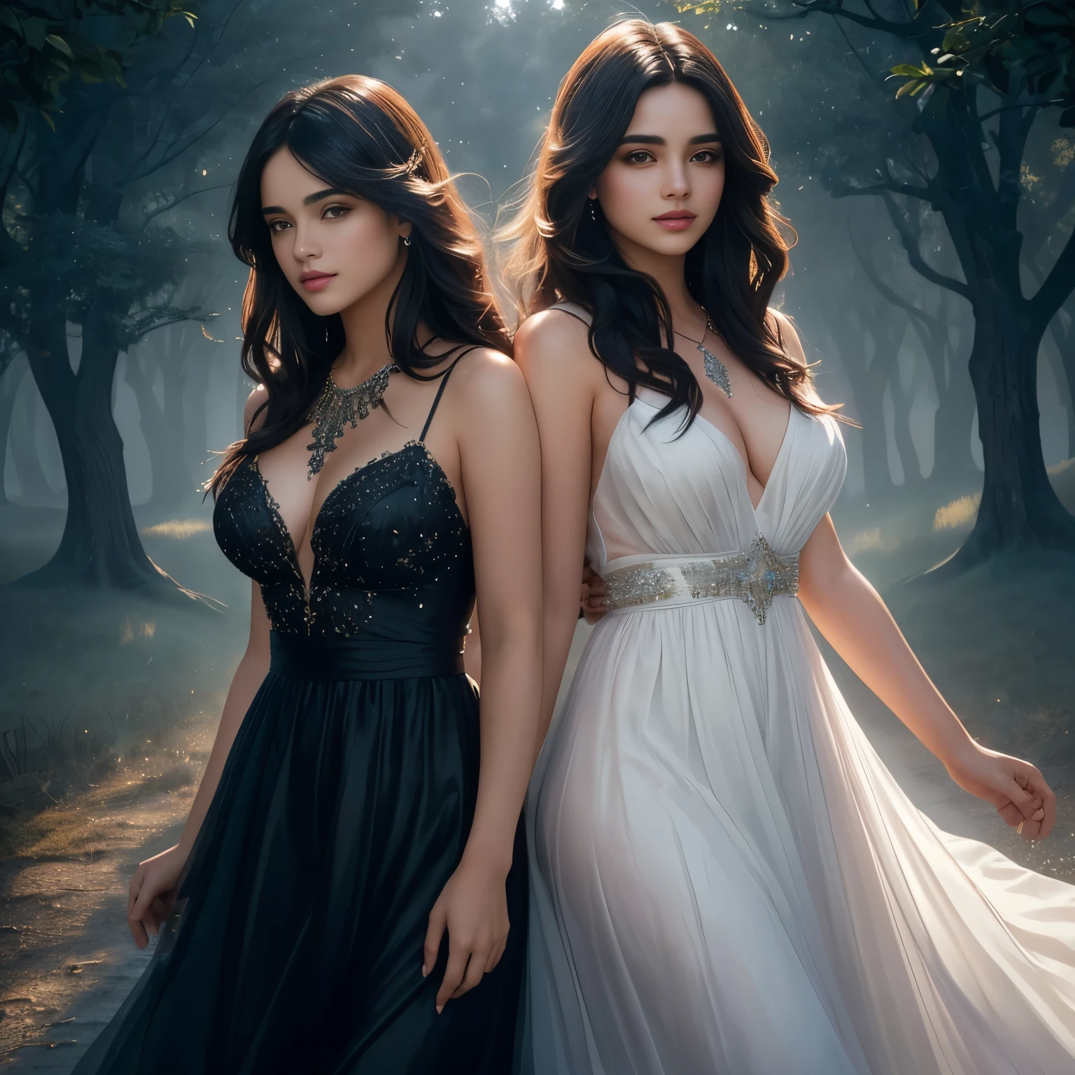 Cover of a romantic thriller with the face of a beautiful woman, cabello negro, junto a un hombre guapo, Brown hair, ambos misteriosos, como personajes principales; y al fondo una joven modelo talla extragrande modelando hermosos vestidos, efecto niebla, sin fondo, impactante, algo que ni siquiera existe, be mythical, energy, molecular, texturas, luminiscentes, Belleza impresionante, Pure perfection, presencia divina, inolvidable, belleza impresionante, Volumetric light, aura, rayos, colores vivos, 8k, camara 27, realismo.