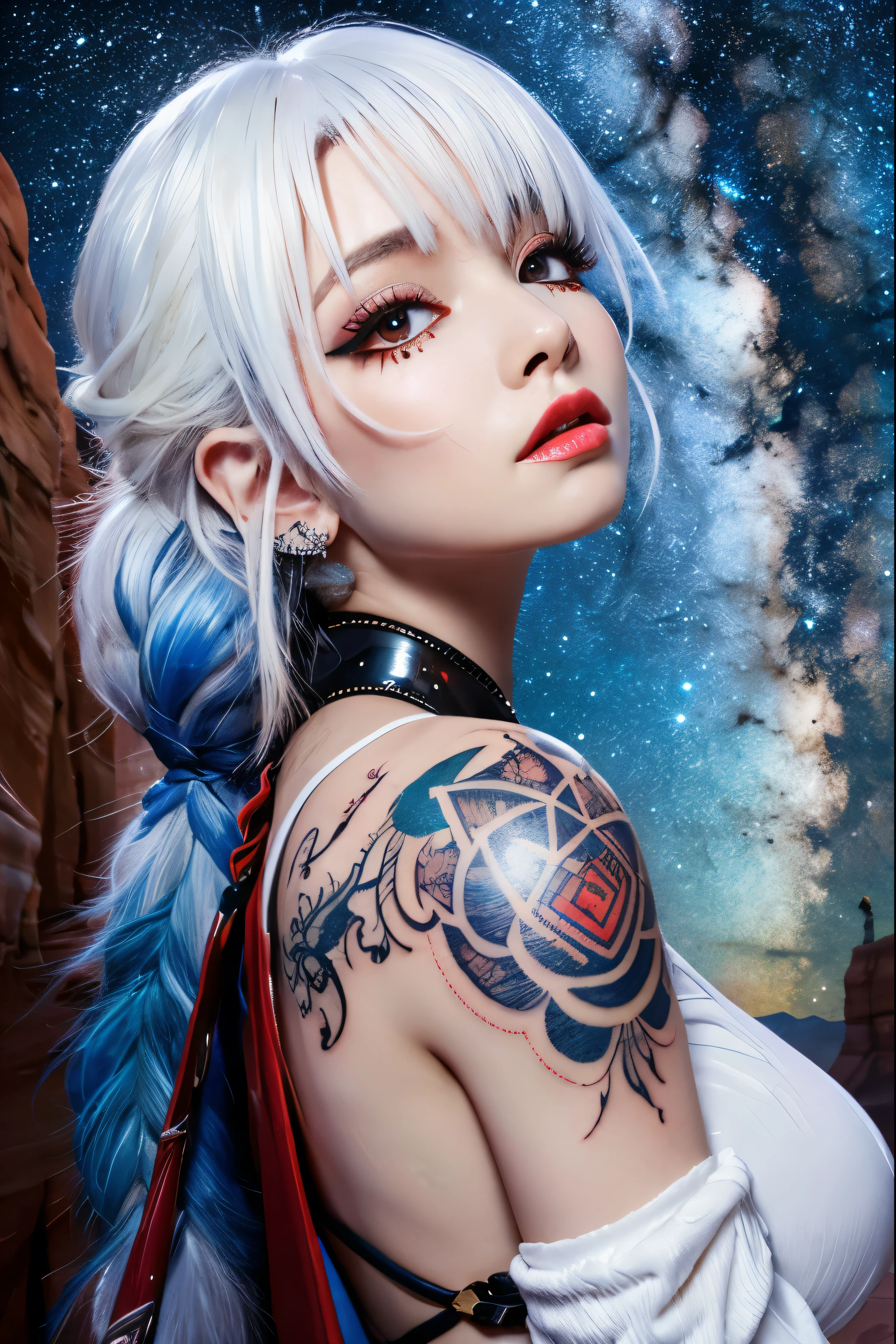 1 girl (Mature female),Pale white skin ,Long white hair(bangs),Blue eyes,
,White Strapless crop top, pants  ,
( tattoo on shoulders),
,Decorative background, magical constellations