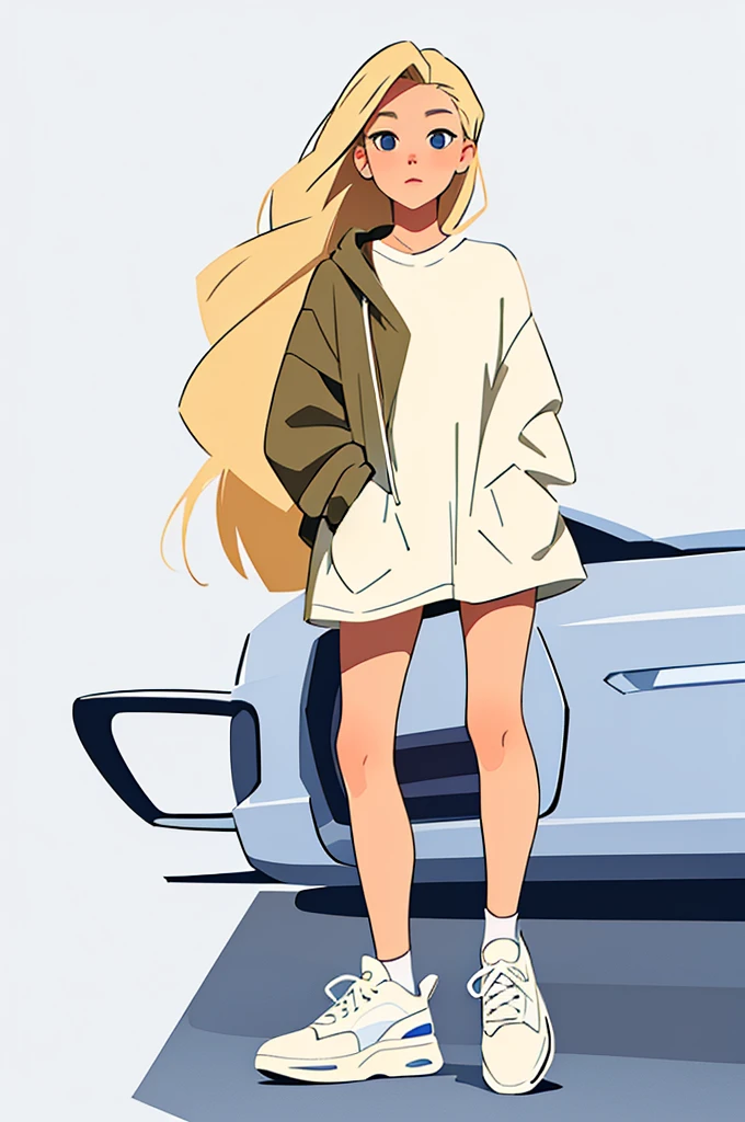 closeup, samdoesarts style beautiful woman, white background ,sam yang style,Long hair loose, natural beauty, beautiful, natural body, Scandinavian, Mexican , Polish 25 yr old young Woman, long messy dirty blonde hair ,baggy shirt, biker shorts, an d high top sneakers