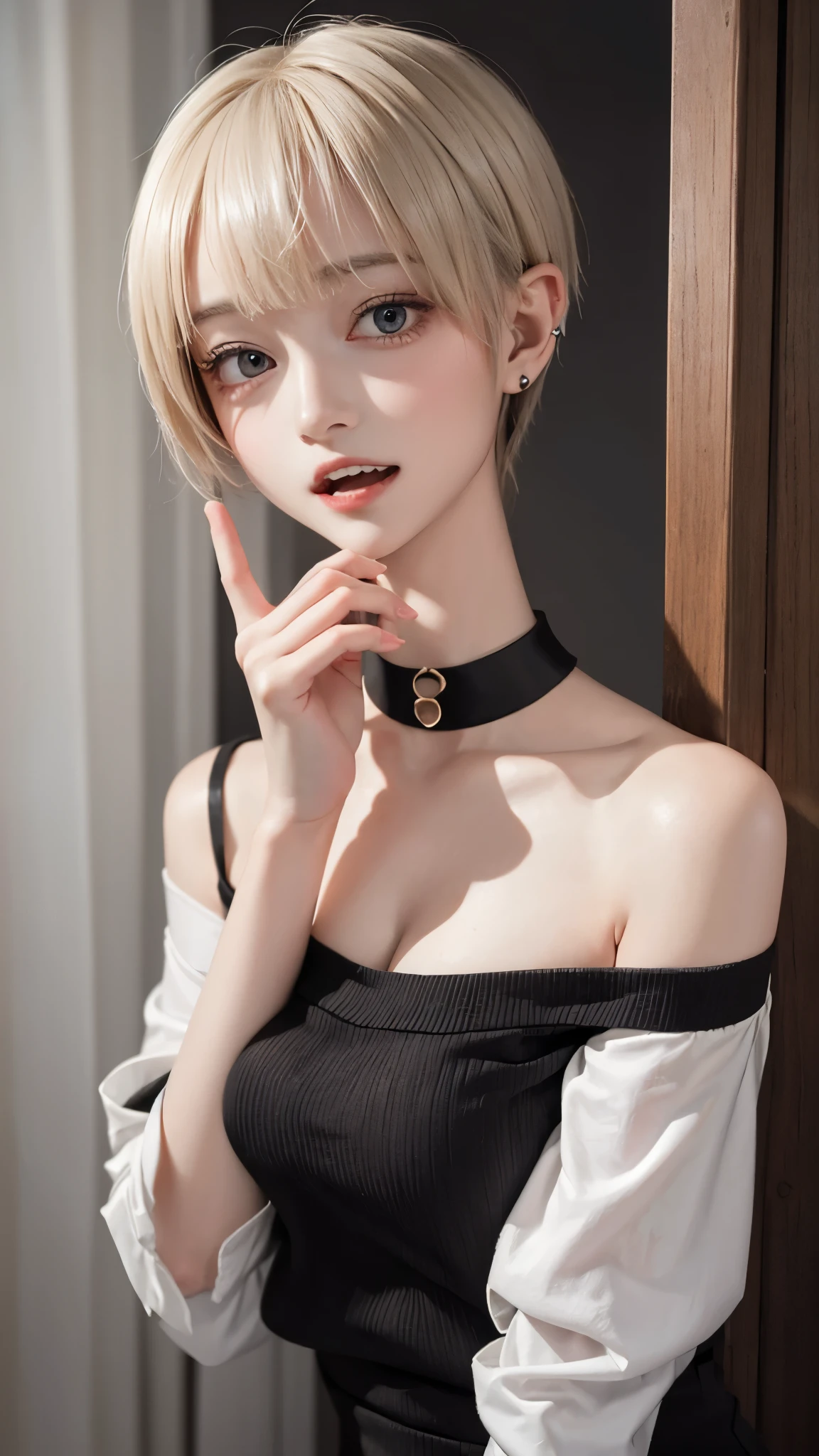 1 Girl、solo、masterpiece,highest quality,High resolution,Very detailed, skinny,Black Choker,Earrings,Big cleavage、Off-the-shoulder tight sweater mini dress,Accurate and detailed human body、

From head to toe、

 Cute pose、(((Open your mouth))), Heavy breathing , (aheghentai face:1.5), 
Blonde pixie short hair、
(((Accurate 5-finger)))、Accurate human body、The perfect human body、((Captivating smile ))、

entrance、From outdoors to indoors、Door with a night view、深night、night、open the door、Detailed Background、(((POV doorway:1.3)))