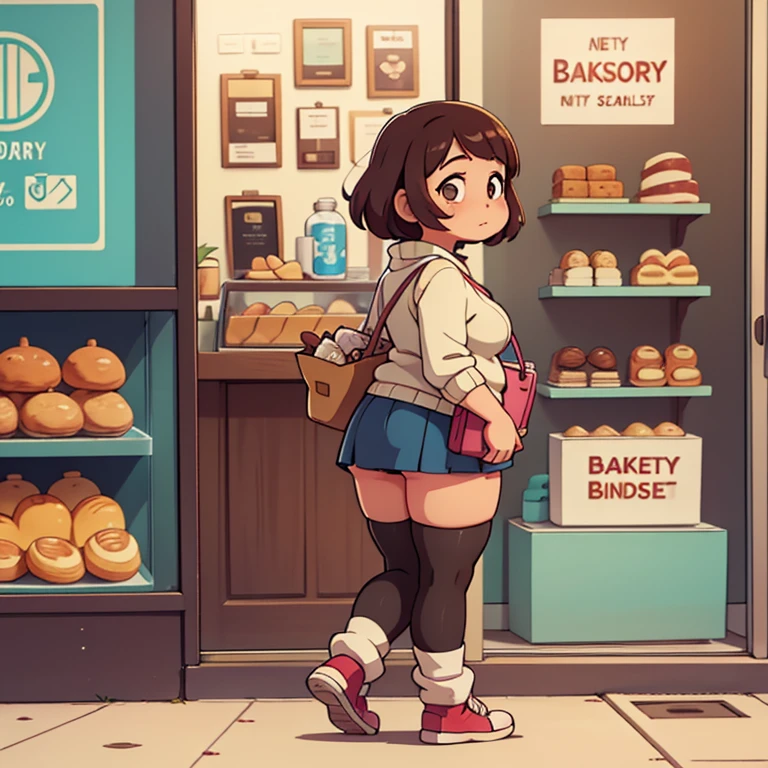 Solo female, chubby woman, plump, standing on sidewalk, looking through bakery window, storefront, sweater, skirt, holding purse, thigh high socks, from behind