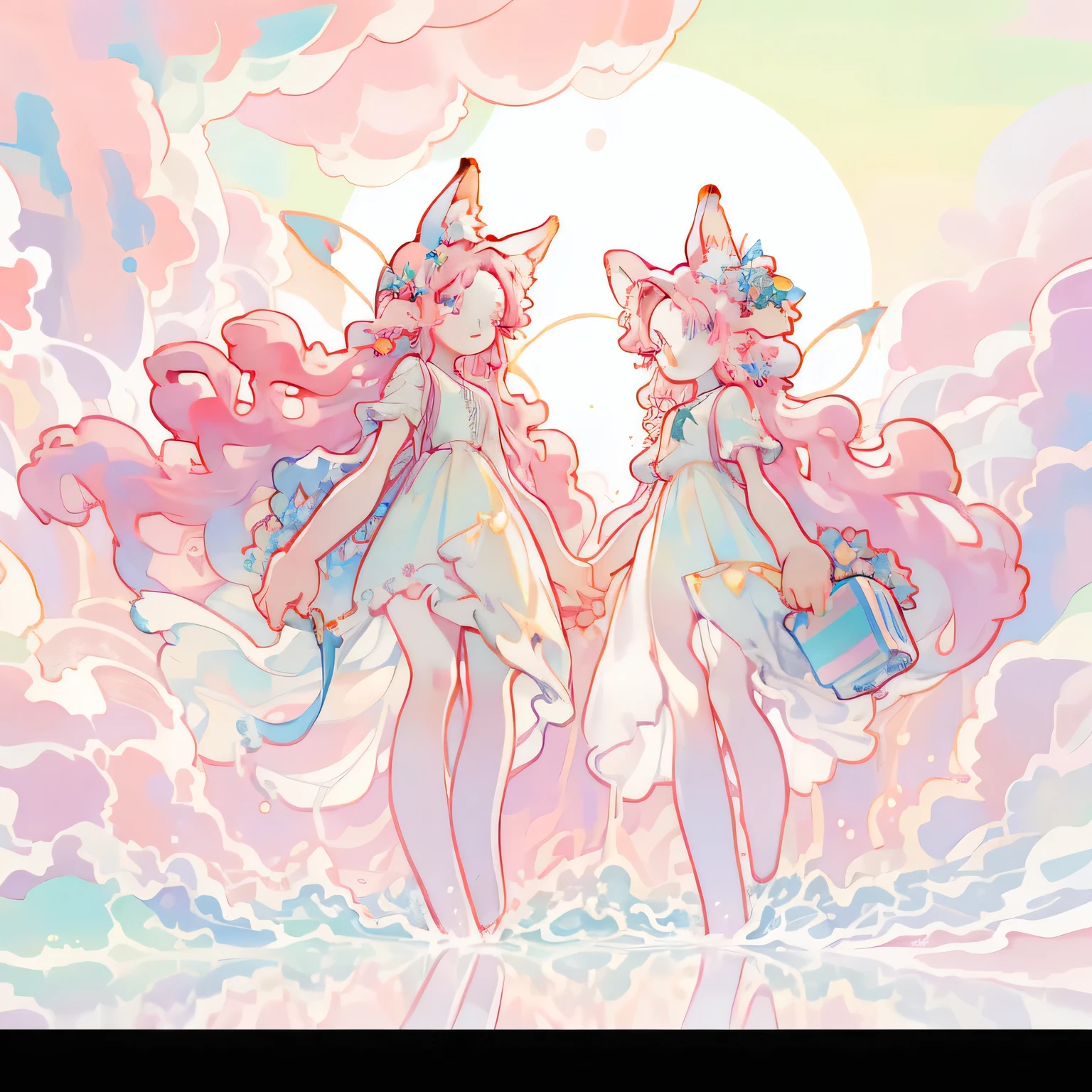 masterpiece, highest quality, Sharp focus, 8k, Intricately detailed environments, anime, watercolor illustration, colorful, Bright colors, Whimsical, Glowing Light, Liquid Otherworld, Fairy Lights, Beautiful girl in a flowing, liquid-like sparkling dress, Perfect Face, Golden Ratio, Sparkling eyes, watercolor, Liquid Light, Angel Wings,Two Girls,Stickers, Handbook, (Stickers, 2 girls, Gorgeous color top, ), watercolor, White Background, Simple Background, minimum, cute, small, pastel colour, Vector Style, No Gradient,Animal ears,fox,cutepose,Color Palette(pink,Purple)