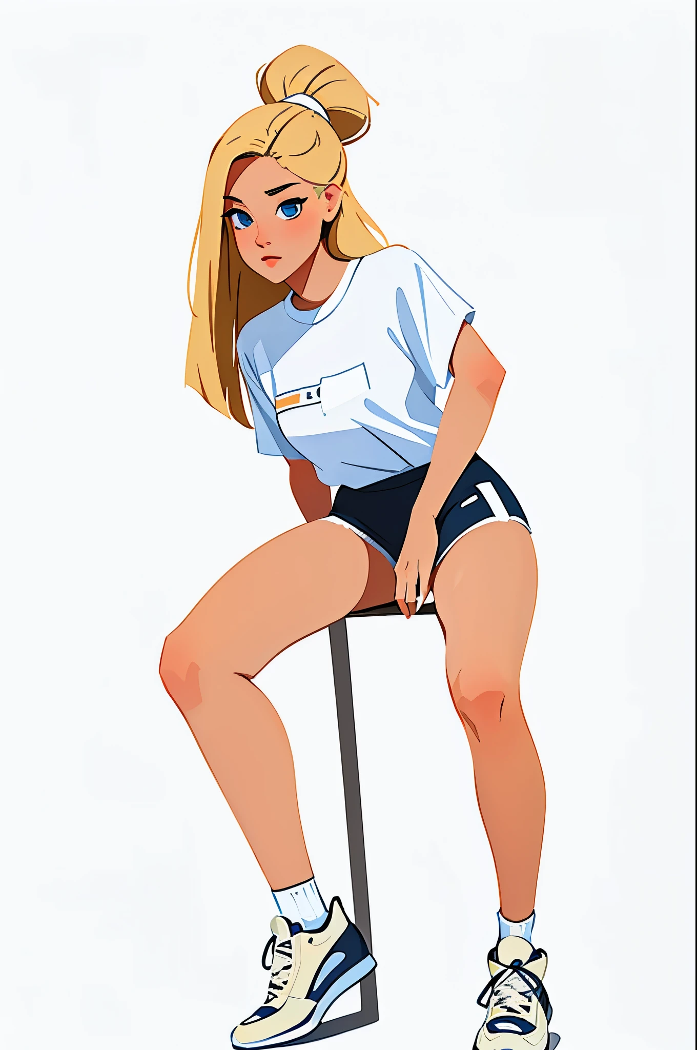 closeup, samdoesarts style beautiful woman, white background ,sam yang style,Long hair loose,  natural beauty, beautiful, natural body, Scandinavian, Mexican , Polish 25 yr old young Woman, long messy dirty blonde hair ,baggy shirt, biker shorts, an d high top sneakers
