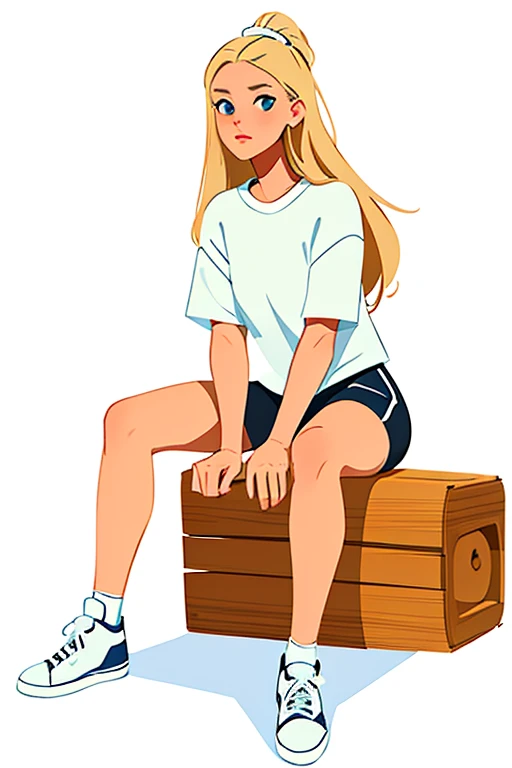 closeup, samdoesarts style beautiful woman, white background ,sam yang style,Long hair loose,  natural beauty, beautiful, natural body, Scandinavian, Mexican , Polish 25 yr old young Woman, long messy dirty blonde hair ,baggy shirt, biker shorts, an d high top sneakers
