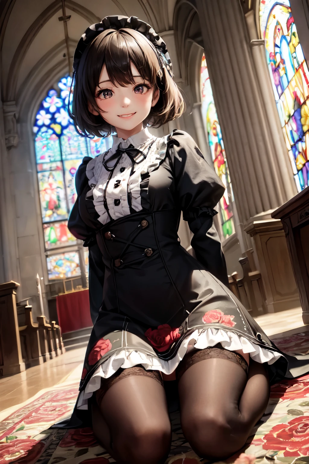 very cute and beautiful girl,(highly detailed beautiful face),(smile:1.2),happy,blush,embarrassed,black hair,looking at viewer,
(floral pattern brown ta dress with detailed frills),detailed lace,
kneeling,arms behind back,altar,church,indoors,
(best quality,masterpiece),absurdres,highres,ultra-detailed,extremely detailed,32k,8k resolution,
intricate details,cinematic scene,detailed background,solo,dynamic angle,