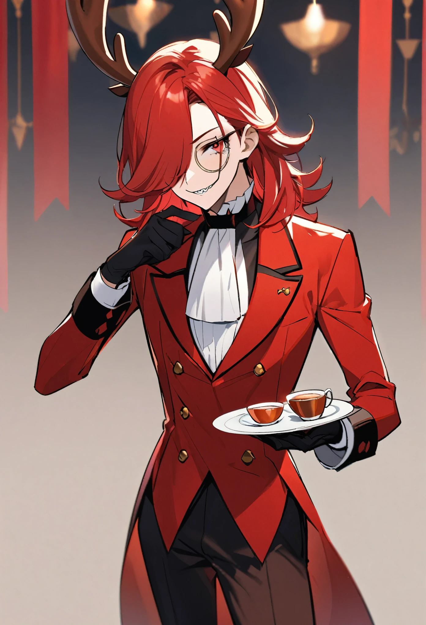 Solo, a very handsome tall man, slender, black gloves, spiked teeth, red eyes, long red hair, hair covering one eye, cute deer antlers on head, seductive smile, wearing red butlers suit, holding a cup of tea and a small plate, pinky out,, wearing a monocle pompous pose