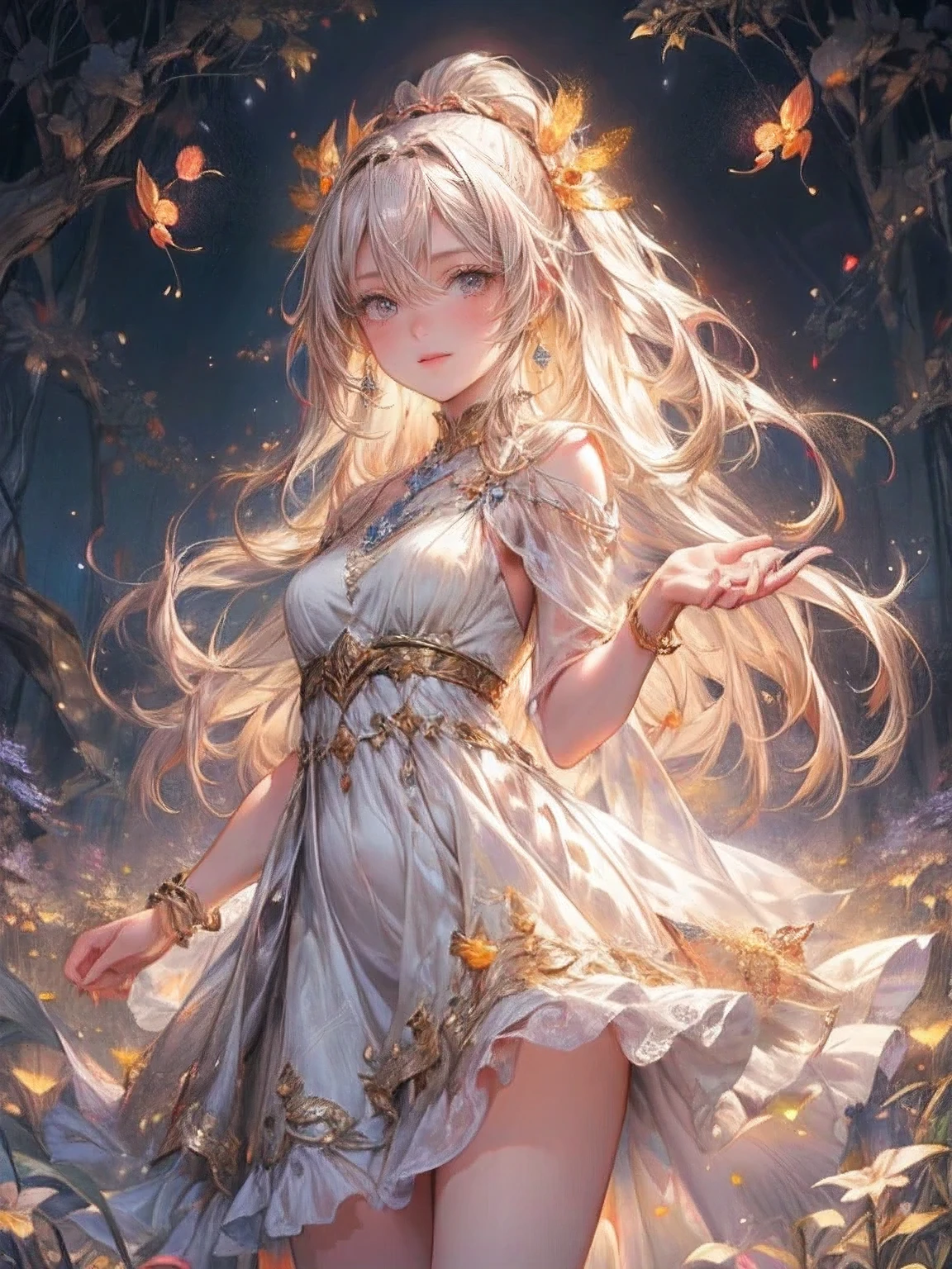 masterpiece:1.2,highest quality, highres, 16k, ultra-realistic:1.37, beautiful detailed, Beautiful girl, Standing in a beautiful posing, gently smile, flowing hair, Night Grassland, fireflies in hands, fireflies on hair, Many fireflies fly around:1.3, Fireflies dancing wildly:1.3, Countless fireflies:1.3, Trails of many fireflies:1.3, beautiful delicate(hair,eyes,pupils,white dress,anklet,knee,fireflies), sparkling eyes, shining lips, behind view