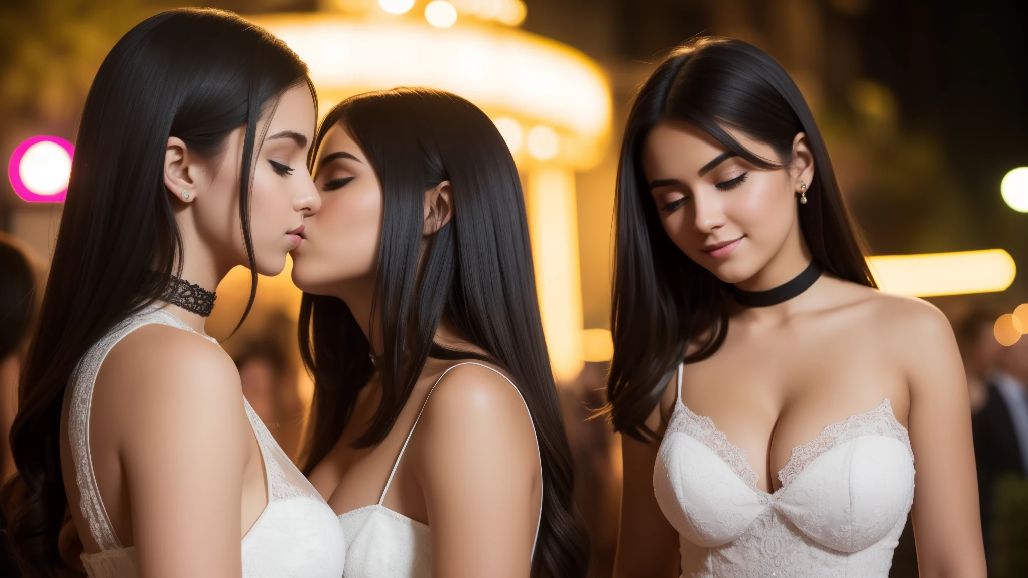 Capture a photorealistic, hyper-detailed image of 2 girls together in a single frame, 18 years old, (kissing:1.2), smiling, Dark hair, choker, shag_cut hair, (big breasts:1.3), curvy russian women in a mini floral dress at a rave party in greece. Realistic skin texture.  Use ambient street lighting to create vintage shadows. evening. Export in RAW with a 'vintage elegance' Instagram LUT