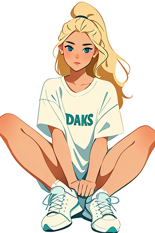 closeup, samdoesarts style beautiful woman, white background ,sam yang style,Long hair loose, natural beauty, beautiful, natural body, Scandinavian, Mexican , Polish 25 yr old young Woman, long messy dirty blonde hair ,baggy shirt, biker shorts, an d high top sneakers