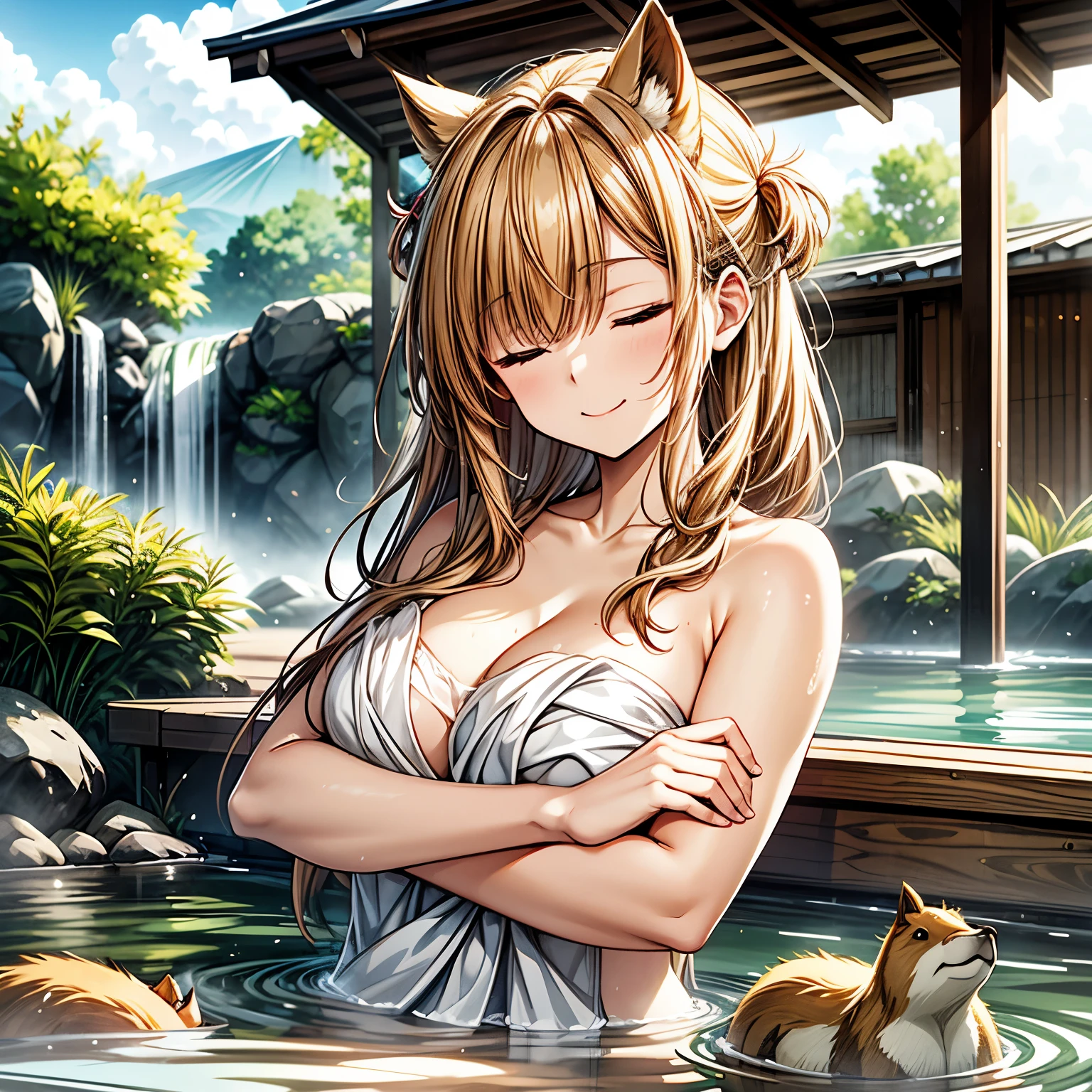 Raphtalia woman 24 years old, happy smile boca abierta, long ash blonde hair, wide, long hair,, bear ears, amber yellow eyes, short hair, happy smile, naked big breasts, naked, hot springs background, drops of water on his chest, WET BODY.