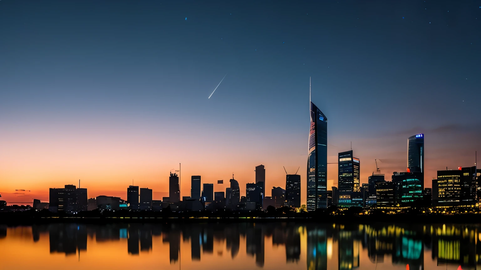 arafficial City skyline with skyscrapers reflected in a lake at dusk, Urban reflection, Urban reflections, Sydney, City light reflections, city dusk landscape, twilight skyline, City dusk, Sydneyカーラインに触発された, Cityscape, Urban Background, City skyline, Skyline view, City skyline in the background, A fantastic starry sky city at dusk