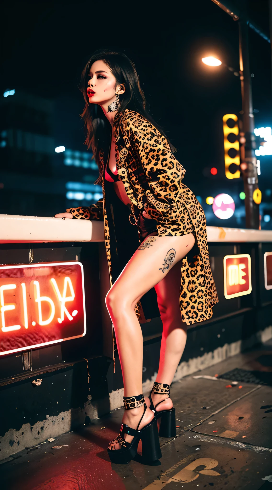 Bad Girl, toilet sandals, Leopard print coat, whole body, detailed,long-haired girl,red lipstick,badass attitude,hazy atmosphere,neon lights,cityscape,tattoos,low-angle shot,grungy aesthetic,messy hair,smokey eye makeup,piercings,cool poses,edgy fashion,vintage film look