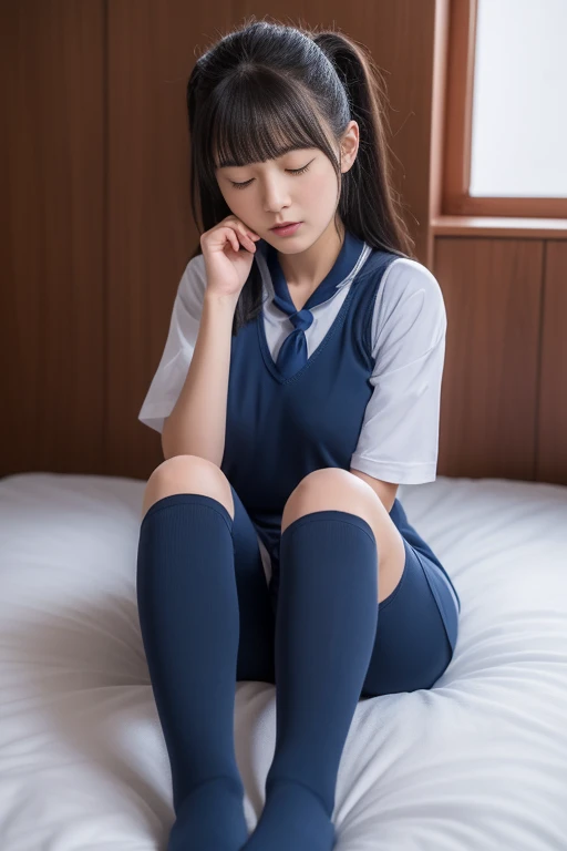 (highest quality,8k,RAW Photos,Realistic,High resolution:1.2),(Cute Japanese Girl_sleep:1.5)_(Crying in pain_Bangs Patsun Hair),(Huge breasts:1.20),(The body is slim、Naughty body、Lying on bed,(Very tight calf sheer tights:1.3),Tight white compression shorts for sprinters:1.5,(School classroom),(18-year-old、difficult、Lofty dream、Prisoner of war of a male classmate、The presence of idols),(Beautiful Realistic Asians:1.5、Kindness)、Professional、Camel Toe,Raised sole of foot, Lift your legs、(She is wearing cute transparent navy blue knee-high socks.:1.4)
