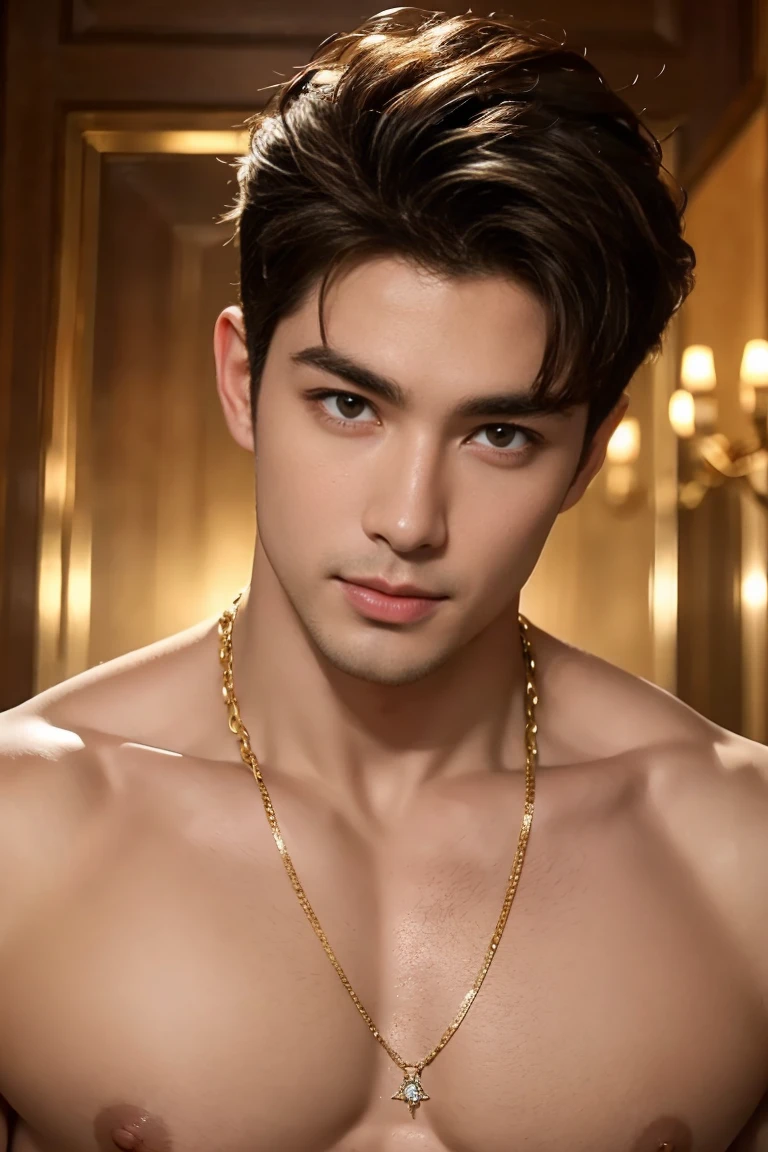 (masterpiece, best quality:1.2), 1 person, Single attractive man,With eyes like heaven, delicate brown hair, magic , Attractive appearance, Mysterious smile, Very beautiful face , Detailed facial images, Large Breasts,Long nipples , Full and swollen chest muscles,naked ,Handsome man! Diamonds in the ears. A gold chain hangs around his neck,Highest quality full body photos of cute boys!
