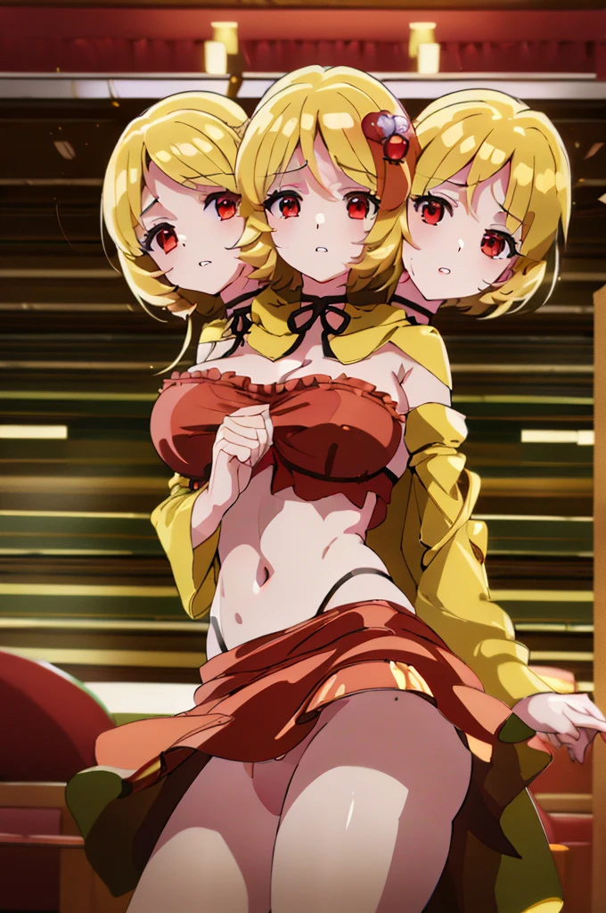 (masterpiece, best quality),best quality, (ultra-detailed), (3heads:1.5), 1girl, (aki minoriko:1.3), masterpiece, (best quality:1.5, highres, UHD), highres, absurdo, ultra detail, ultra quality, Ultra resolution, red top, crop top, ((stomach)), midriff, ((groin)), red skirt, normal ears, shackles, blonde hair, very long hair, wavy hair, sidelocks, red eyes, parted lips, single horn, sweat, cute, toned belly, hand on own chest, eyelashes, (25 year old woman:1.3), (masterpiece:1.5), (best quality:1.5), (beautiful detailed), extremely detailed CG, extremely delicate and beautiful, depth of field, (finely detailed face), (perfect details:1.2), (mature female:1.3), wide pelvis, slender, large veiny breast, 16k resolution, highres, high quality, high definition, extremely detailed, masterpiece, blonde hair, long hair, alluring presence, braid, short skirt, close up, big , young, food-themed hair ornament, frills, cowboy shot, looking at viewer, midriff, nsfw, open belly,
