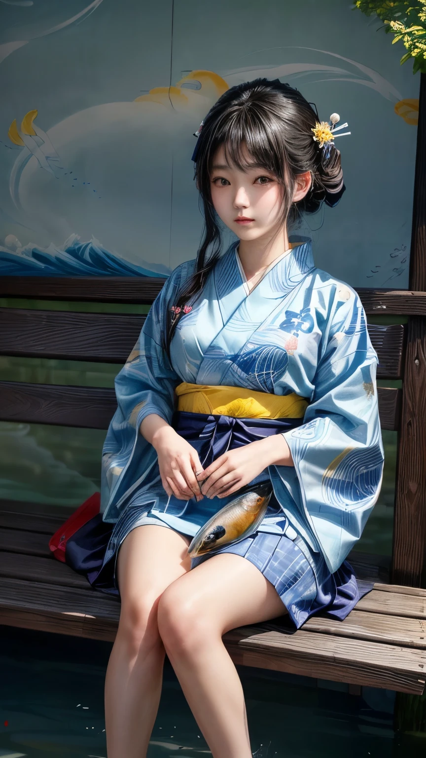 Close-up of a female Japanese teenager sitting on a bench holding a fish, by Qiu Ying, Japanese art style, In the Ukiyo-e art style, Written by Ku Lei Lei, Japanese painting, James Jean and Urop, by Tosa Mitsuoki, Written by Li Song, Japanese Goddess, By Chen Jill, Ukiyo-e style, by Li Zai、A woman wearing a sky blue and yellow yukata、Fascinating、There are fish and shrimp at the bottom of the screen。White cloud、There is smoke like a Karman vortex。