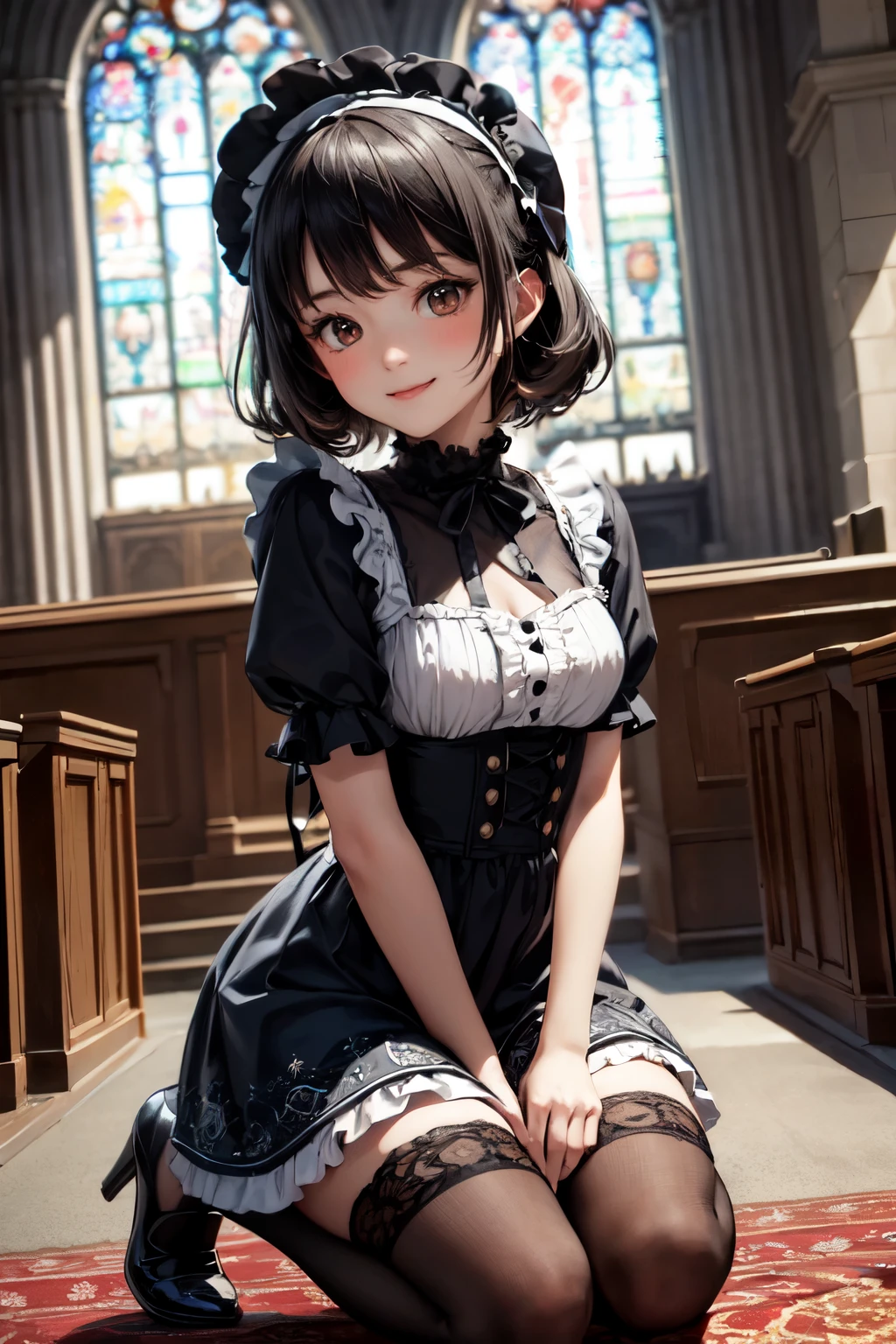 very cute and beautiful girl,(highly detailed beautiful face),
(smile:1.2),blush,black hair,looking at viewer,(floral pattern brown ta dress with detailed frills),detailed lace,
sitting,spread legs,arms behind back,(white panties),
altar,church,indoors,
(best quality,masterpiece:1.2),absurdres,highres,ultra-detailed,extremely detailed,32k,8k resolution,
intricate details,cinematic scene,detailed background,solo,dynamic angle,