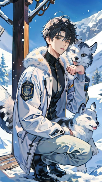 Handsome and strong tall black-haired dreamer engineer working in a high-ranking department dressed in snow jacket, warm pants and snow boots playing with a chimera puppy made of grey wolf body, baby triceratops horn ,seal tail, monarch butterfly wings,rabbit ears ,turtle Shell and tanukt fur pattern