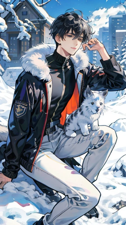 Handsome and strong tall black-haired dreamer engineer working in a high-ranking department dressed in snow jacket, warm pants and snow boots playing with a chimera puppy made of grey wolf body, baby triceratops horn ,seal tail, monarch butterfly wings,rabbit ears ,turtle Shell and tanukt fur pattern