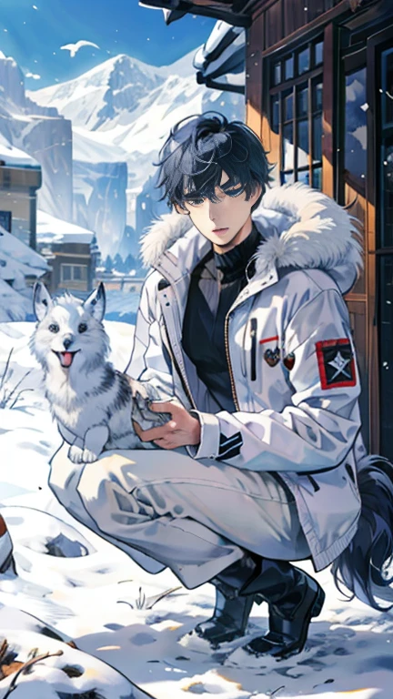 Handsome and strong tall black-haired dreamer engineer working in a high-ranking department dressed in snow jacket, warm pants and snow boots playing with a chimera puppy made of grey wolf body, baby triceratops horn ,seal tail, monarch butterfly wings,rabbit ears ,turtle Shell and tanukt fur pattern