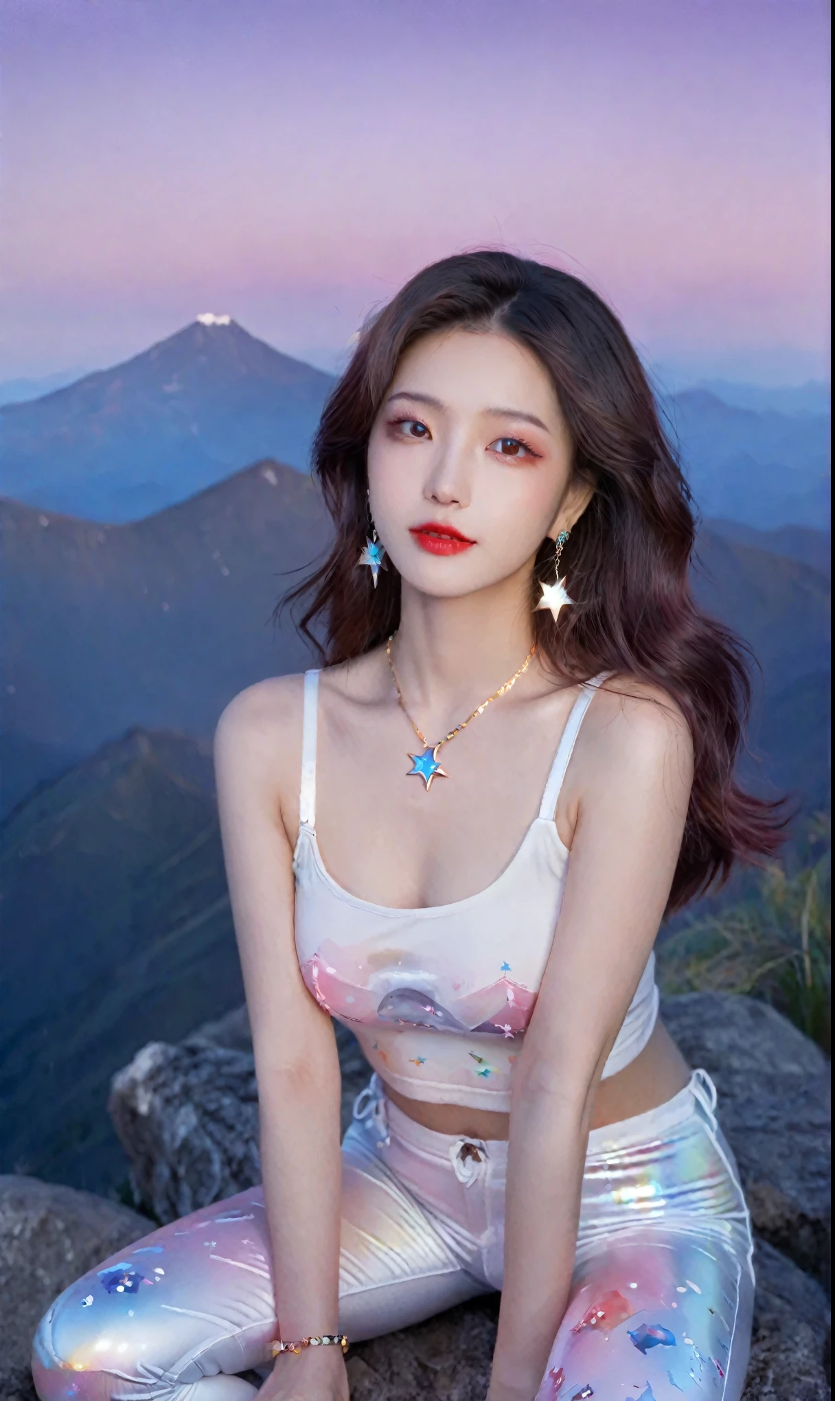 (Canon RF85mm f/1.2,best quality,Realisticity:1.4,Cinematic Lighting),(1 girl,korean mixed,kpop idol:1.2,beautiful long_Slender_legs),(long_brown_wavy_hair),(lipstick,red lips,pink_shiny_lips,pink_eyeshadow,eyelashes,powder_blusher,make-up),(white_shiny_skin,black eyes,Pore,skin texture,shiny),(necklace,earrings,bracelet),big breasts,smile,Dynamic pose,
((patterned leggings)),((night,fauvism oil painting, Mysterious and captivating, A celestial observatory, perched atop a mountain peak, offering a breathtaking view of the stars, backlight, effect light)),