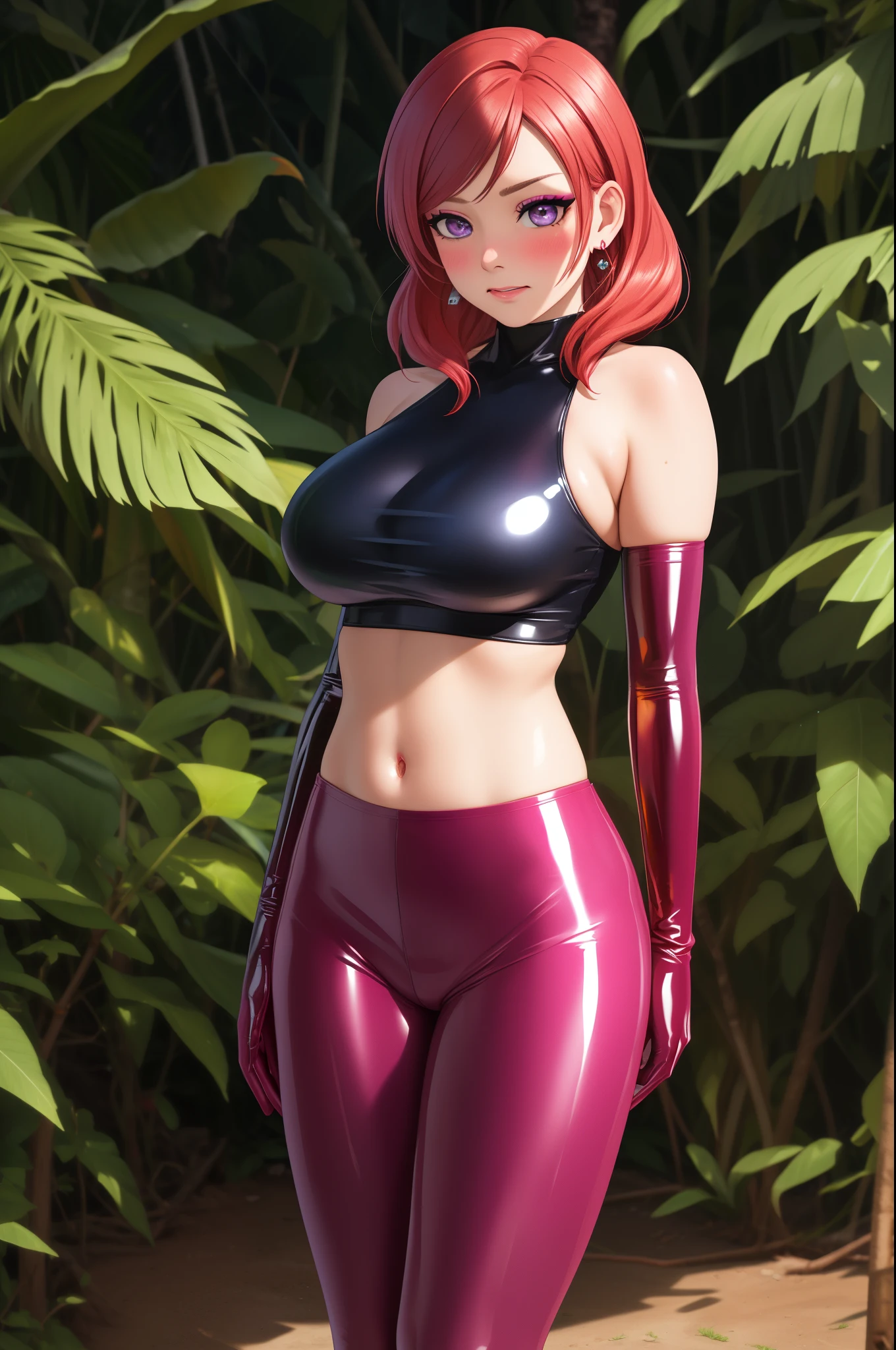(ultra realistic,32k,RAW photo:1.1),(high detailed skin:1.1), 8k uhd, dslr, high quality, film grain, (makeup, mascara:1.1),
(shiny glossy translucent clothing:1.1),
(busty:1.1) , (chubby:0.1),(backlight:1.1), nishikino maki, purple eyes, (pink tight crop top),halter neck ,breasts ,elbow gloves, (pink latex leggings), in jungle , (standing), earrings , blushing , embarrassed , grabbing her breasts