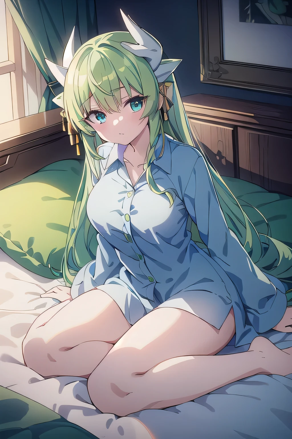 Kiyohime、 Green Hair、 ((Full body))、 (highest quality、4K、High resolution、masterpiece:1.2)、Super detailed、HDR、Studio Lighting、Sharp Focus、Bright colors、Portrait、Bokeh、Warm tones、Soft Lighting、 Character line emphasis、 (Light navy blue shirt)、 Sexy pose、(Before bed)、