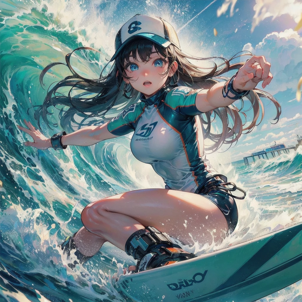 high quality,HD,16k,sharp lines,1 girl,Female surfing athlete ,cute face, large breasts, nice legs,At the surfing venue,focus girl,detailed beautiful face,detailed clothes,beautiful eyes,cool,dynamic angle