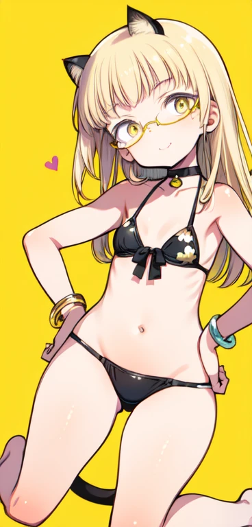 (8K, Best Quality, Ultra Detailliert, Highres, Absurdres, Perfect Anatomy:1.5, Masterpiece:1.5), (Strong Outline), (((1 Cute Girl))), (((perrine h. clostermann))), (((Yellow Eyes))), (((Black Glasses:1.5))), (((Long Long Hair:1.5, Bangs, Blust Bangs, Blonde Hair))), (((Black Cat Ears, Black Cat Tail))), (Slender Body, Dwarf:0.7), (((Small Breasts:0.9))), ((Big Hips:1.2)), (Smile:0.9), ((Blush:0.9)), (Grin:0.8), (Heart, <3), (Big Neck Ribbon Choker), (((Lemon Yellow Bikini, Floral Print))), (Gold Bracelet, Gold Ring), (Kneeling Pose), (Booty Pose), Head Tilt, Dutch Angle, ((Posed Photo)), ((Wide-Angle Photo)), (Simple BackGround, Simple Colour BackGround, Warm Colour BackGround), best hands, good hands