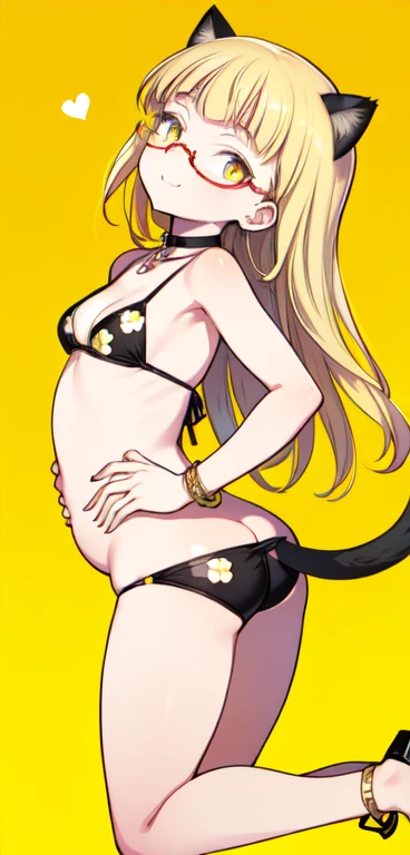 (8K, Best Quality, Ultra Detailliert, Highres, Absurdres, Perfect Anatomy:1.5, Masterpiece:1.5), (Strong Outline), (((1 Cute Girl))), (((perrine h. clostermann))), (((Yellow Eyes))), (((Black Glasses:1.5))), (((Long Long Hair:1.5, Bangs, Blust Bangs, Blonde Hair))), (((Black Cat Ears, Black Cat Tail))), (Slender Body, Dwarf:0.7), (((Small Breasts:0.9))), ((Big Hips:1.2)), (Smile:0.9), ((Blush:0.9)), (Grin:0.8), (Heart, <3), (Big Neck Ribbon Choker), (((Lemon Yellow Bikini, Floral Print))), (Gold Bracelet, Gold Ring), (Kneeling Pose), (Booty Pose), Head Tilt, Dutch Angle, ((Posed Photo)), ((Wide-Angle Photo)), (Simple BackGround, Simple Colour BackGround, Warm Colour BackGround), best hands, good hands