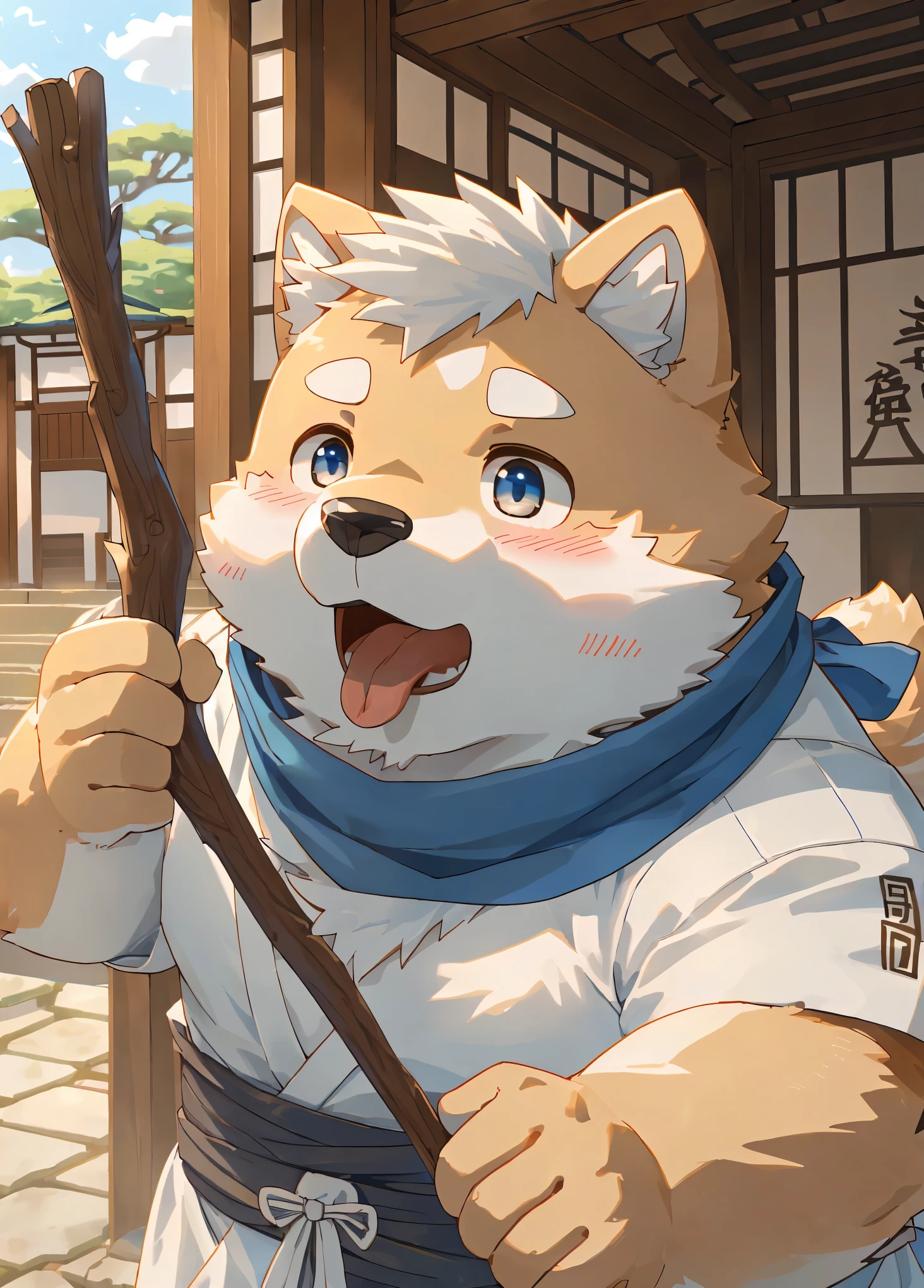 (masterpiece),(Very detailed),(best quality),hairy,Shiba Inu,fur,white hair,Gray pupil,(Japan samurai attire),((blue scarf)),((Stick out your tongue and gasp)),(blush:1.1),((Cute expression)),Temple Background,8k,(high quality),(Ultra HD),(Super detailed)