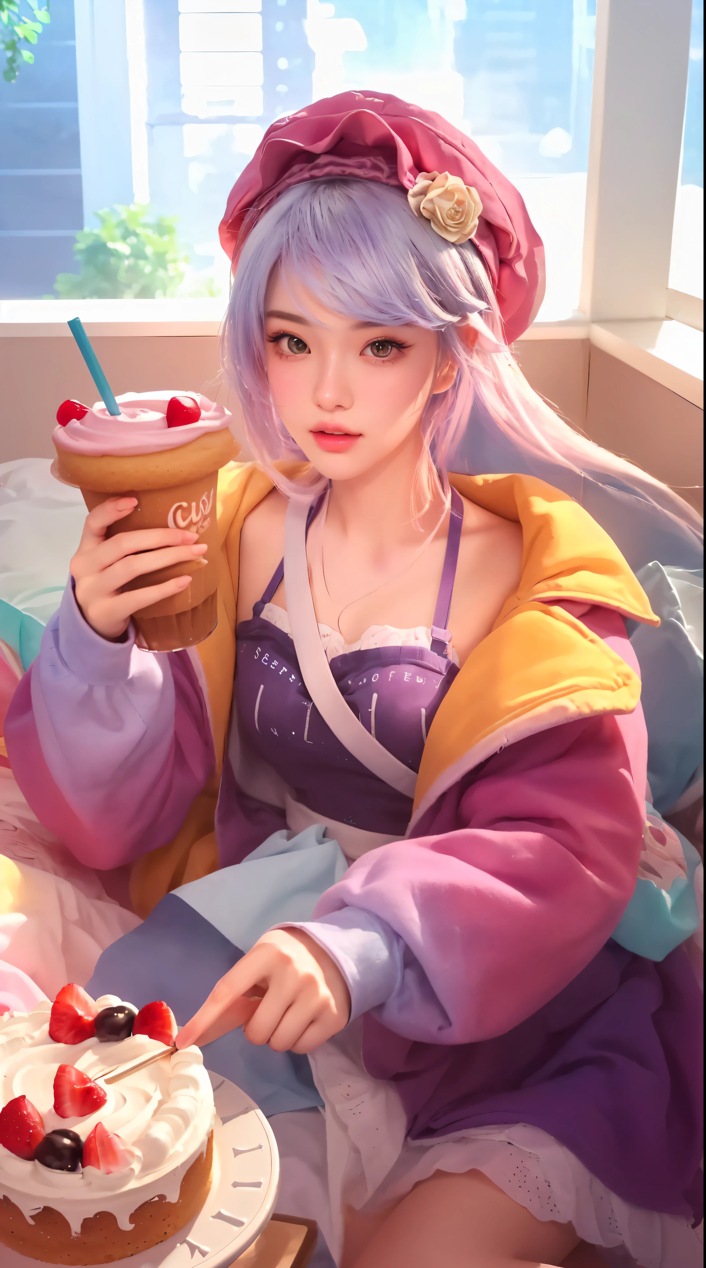 (a realistic portrait [girl, beautiful detailed eyes, beautiful detailed lips], [artwork, medium:extremely detailed artgerm], [in the style of, style:guweiz], [theme: soda], [girl, style:artgerm], [atmosphere:rossdraws pastel vibrant], [trending, artist:artgerm, photorealistic, still life], [props: cup of coffee, cake])