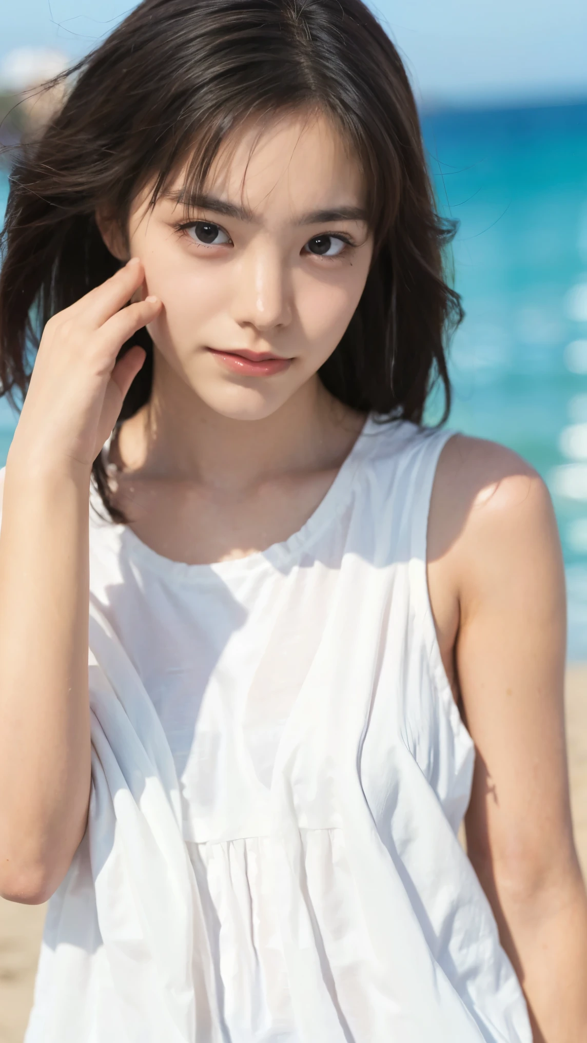 (masterpiece), (highest quality), (Very detailed),(Disheveled Hair),(shape), (One Girl), (Summer clothes), Are standing, Fashion Model, View your viewers, (interview), (Beach),Beautiful details, Delicate and beautiful face, floating,(High saturation),(Colorful splashes),Colorful bubbles,(The Shining), Focus on the face, Hair Ring, Floating Flowers, Floating Hair, (The Shining), Best lighting, Best Shadow,