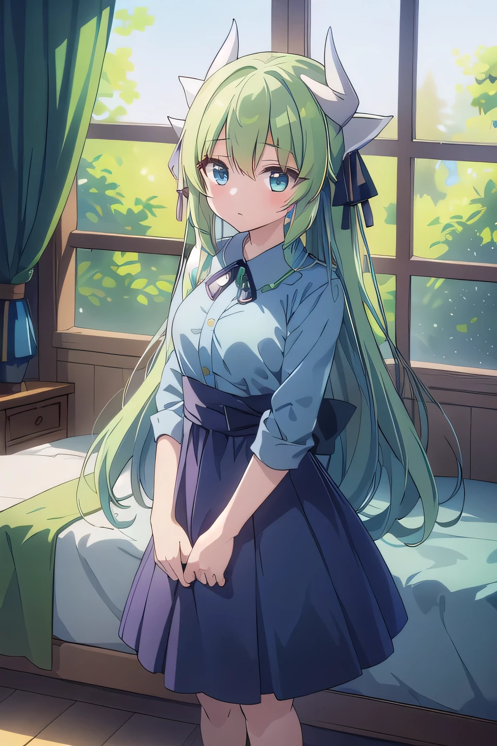 Kiyohime、 Green Hair、 ((Full body))、 (highest quality、4K、High resolution、masterpiece:1.2)、Super detailed、HDR、Studio Lighting、Sharp Focus、Bright colors、Portrait、Bokeh、Warm tones、Soft Lighting、 Character line emphasis、 (Light navy blue shirt)、 Standing、(bed)、
