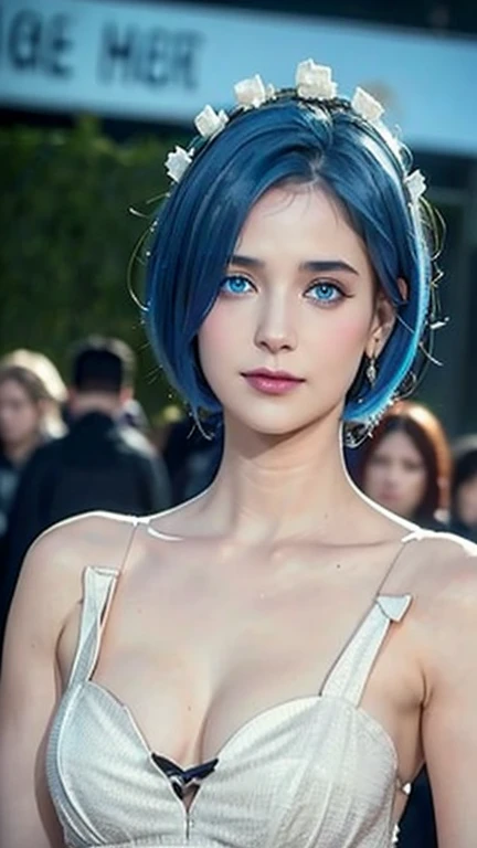 masterpiece, Ultra realistic, 16k, high quality, incredibly detailed, dream aesthetic, dream atmosphere, cinematic, work of art, (sharp focus: 1.5), (photorealistic: 1.3), featured (Beautiful blue-haired girl), Rem (from Re:zero), cinematic, detailed, 4k sharp focus, realistic. Gorgeous. goth makeup. Seductive. cute hair (short), Short pale-blue hair (cute fringe), framing her pale, (pale-white skin) alabaster skin that seems to glow ethereally. Her attire is goth. Voluptuous form. Turquoise blue eyes (intense eyes look). A symmetrical face ::2 goth clothes + trending on artstation + fantasy art + realistic cloth + fractals in the background, flowing hair --aspect 9:21 --uplight his otherworldly beauty. realistic skin texture, pale-white skin illuminated. realistic perfect shading. absurdres, realistic textures. solo, alone, 1girl. looking at viewer. female muscular body, toned body, defined muscles. Large natural breasts, cleavage. pantyhose, a (white) royal queen dress adorned in gold (realistic texture). In Different positions at different angles. Night background. unbelievably real, best quality, Photorealistic.