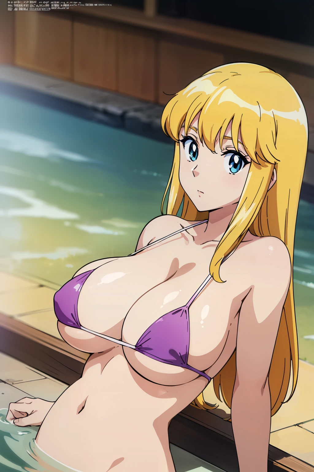 (anime cels style, Masterpiece, best quality, high resolution, anime colored, megami magazine:1.2, anime poster style, anime keyvisual, sharp, 8k, photorealistic), (beautiful eyes:1.5), reiko_aiwaifu, 1woman, milf, blond hair, long hair, (sagging huge breast), micro bikini, cleavage, (upper body:1.5), sitting, (perfect detailed anatomy, perfect arms, perfect fingers, beautiful face, perfect body, shiny skin), onsen,