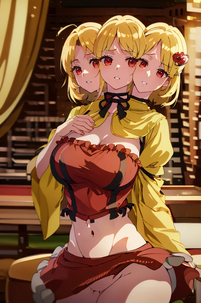 (masterpiece, best quality),best quality, (ultra-detailed), (3heads:1.5), 1girl, (aki minoriko:1.3), masterpiece, (best quality:1.5, highres, UHD), highres, absurdo, ultra detail, ultra quality, Ultra resolution, red top, crop top, ((stomach)), midriff, ((groin)), red skirt, normal ears, shackles, blonde hair, very long hair, wavy hair, sidelocks, red eyes, parted lips, single horn, sweat, cute, toned belly, hand on own chest, eyelashes, (25 year old woman:1.3), (masterpiece:1.5), (best quality:1.5), (beautiful detailed), extremely detailed CG, extremely delicate and beautiful, depth of field, (finely detailed face), (perfect details:1.2), (mature female:1.3), wide pelvis, slender, large veiny breast, 16k resolution, highres, high quality, high definition, extremely detailed, masterpiece, blonde hair, long hair, alluring presence, braid, short skirt, close up, big , young, food-themed hair ornament, frills, cowboy shot, looking at viewer, midriff, nsfw, open belly,
