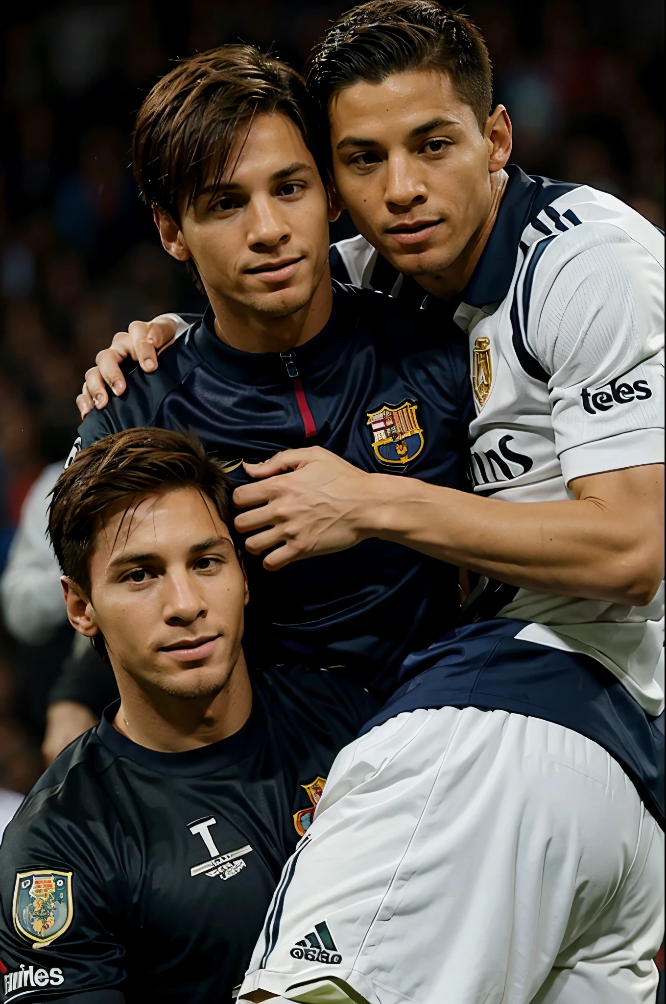 Create an image of Cristiano Ronaldo and Messi kissing romantically on the football field