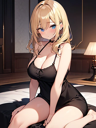 Tabletop, highest quality,figure, wallpaper, Super detailed, Absurd beauty、(night、Dark Room)、((1 beautiful girl、16 years old))、Black camisole、(Blonde、Medium Hair、Wavy Hair、Very large breasts、Accentuate your cleavage）、Beautiful legs、Shyness