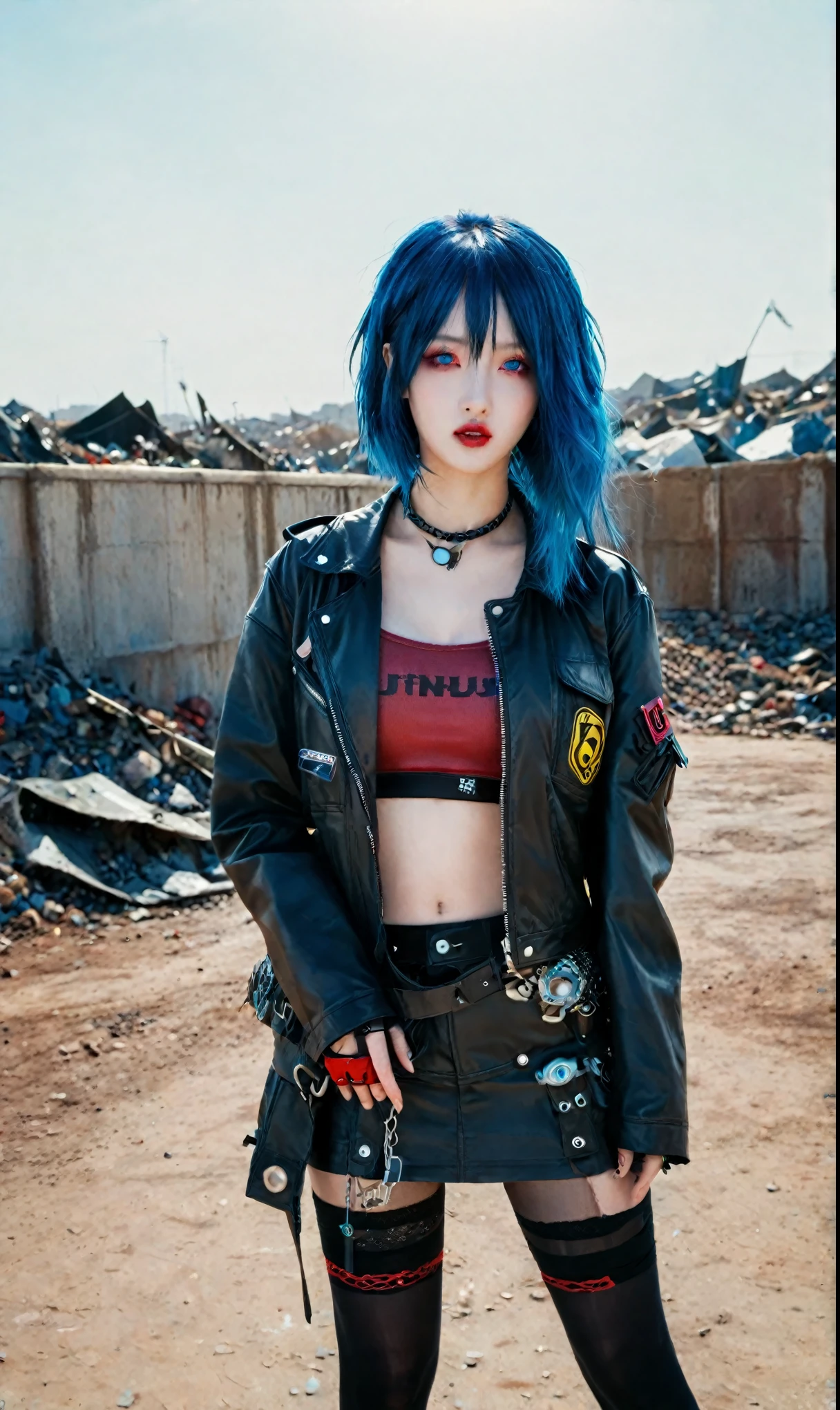 Hyperrealism,Surrealism,Photography,Post-apocalyptic Wasteland,jinx \(league of legends\),jinx,jacket,k-pop,solo,dark red lips,blue hair,bright red eyes,skinny,beautiful,wearing black stockings,standing,